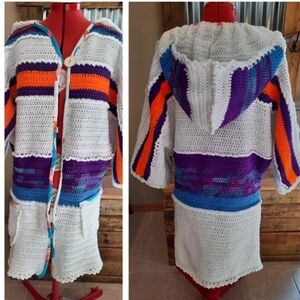 Upcycled afghan blanket COAT M white handmade color block Don't Throw It…